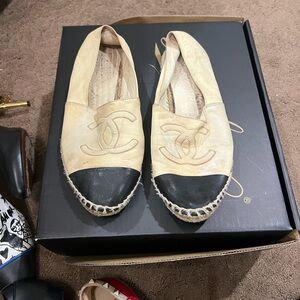 CHANEL Beige Leather Espadrilles with Black Cap Toe